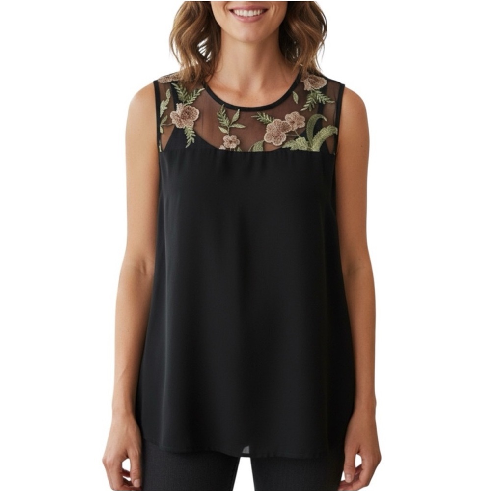Pebble and Stone black sleeveless sheer floral mesh embroidered blouse size: S